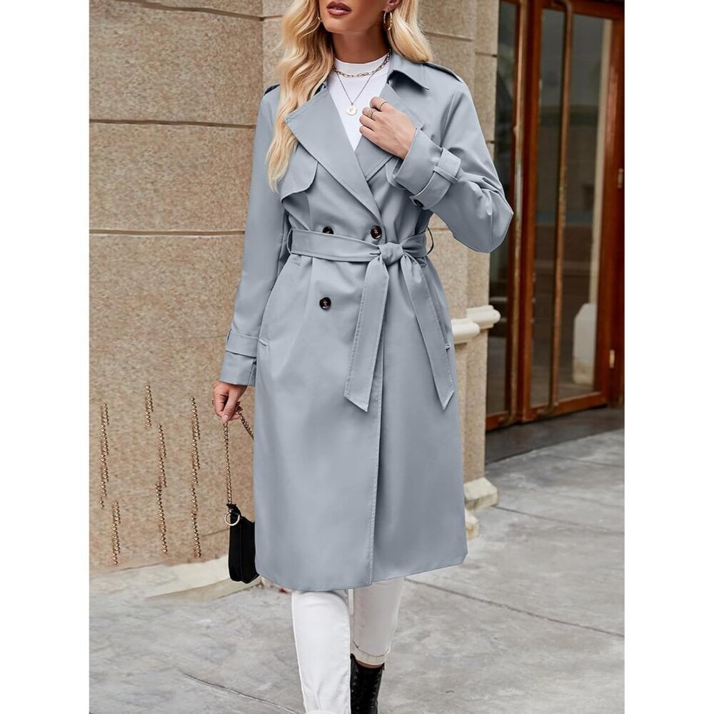 Women's Blue Double Breasted Causal Windproof Long Lapel Pocketed Trench Coats - Picture 3 of 5